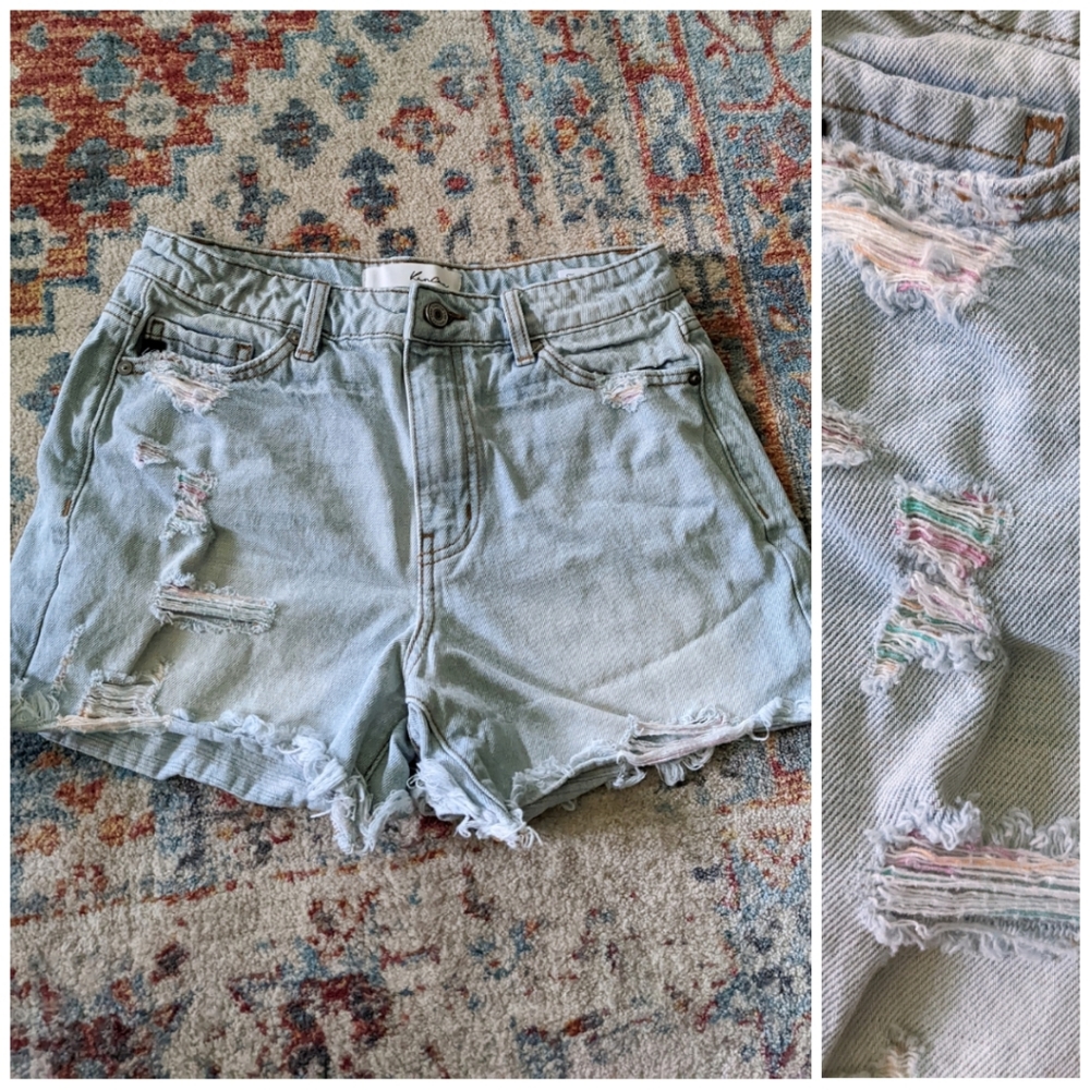 Kancan Ultra High Rise Short Womens XS Light Wash Rainbow Distressed Threads 211